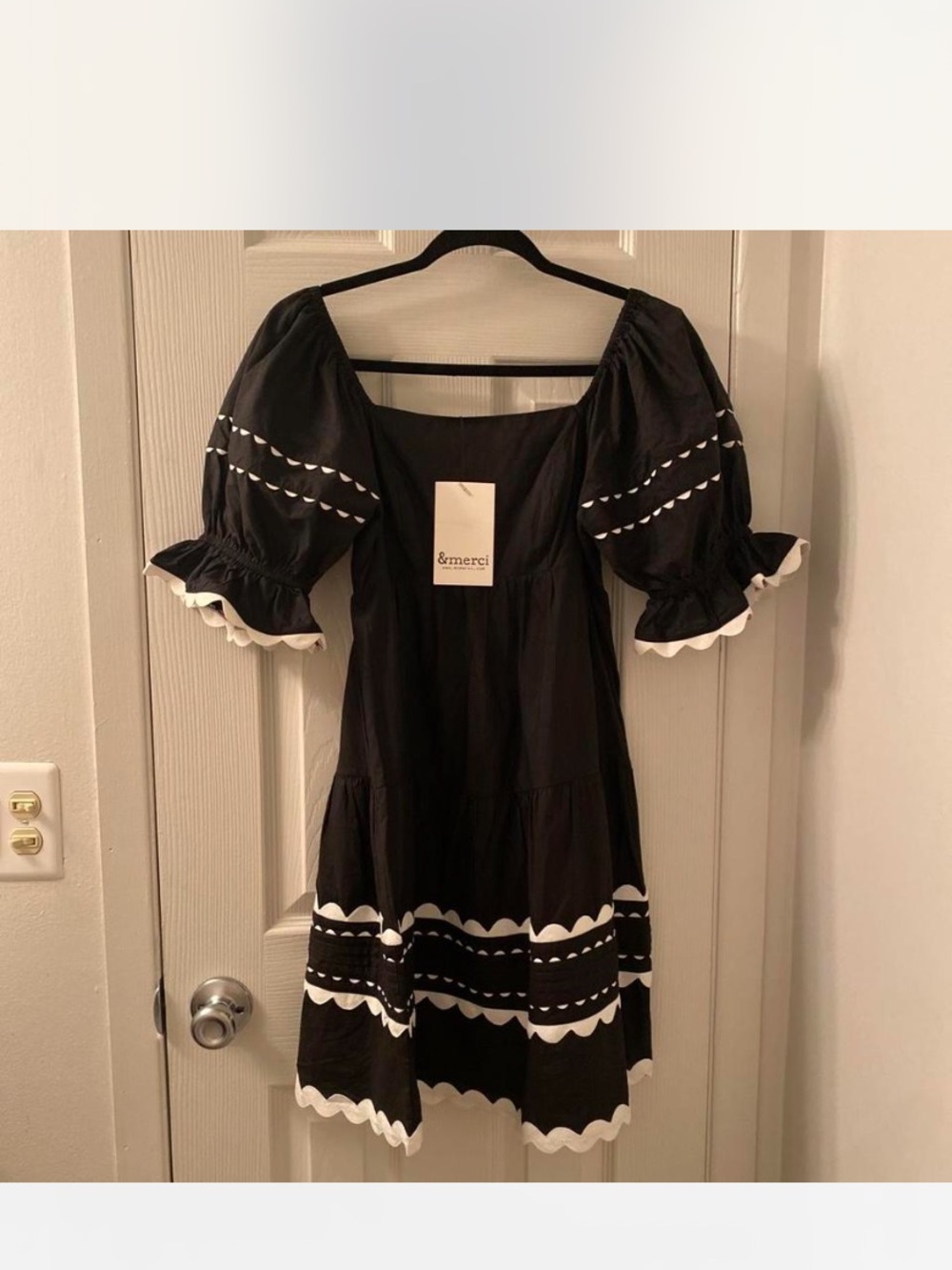 &merci Black Puff Sleeve Tiered Mini Dress with White Trim - Picture 3 of 8